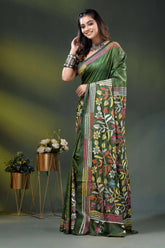 Forest green multicolor floral design hand batik silk kantha stitch saree 3