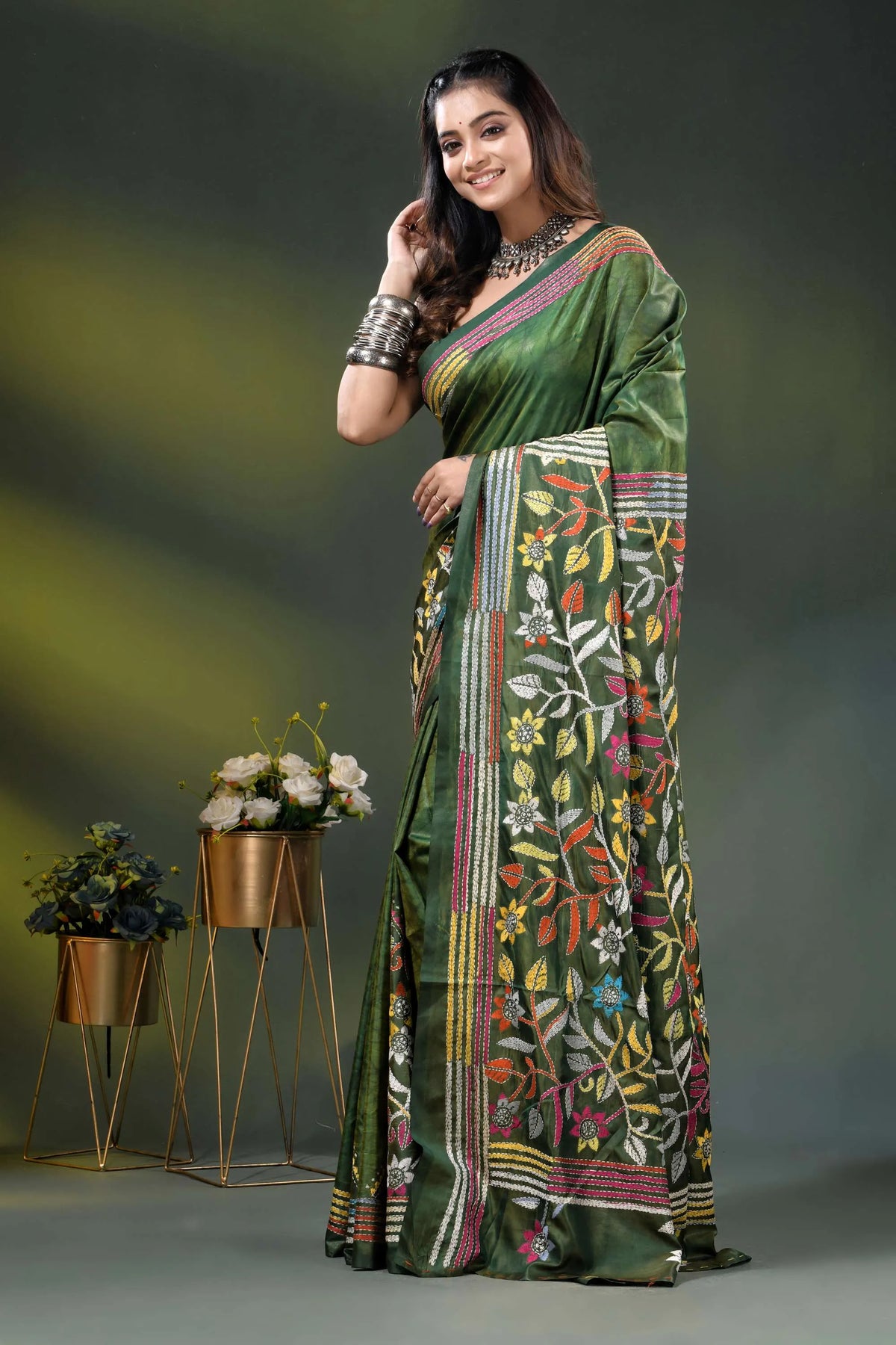 Forest green multicolor floral design hand batik silk kantha stitch saree 3