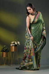 Forest green multicolor floral design hand batik silk kantha stitch saree 4