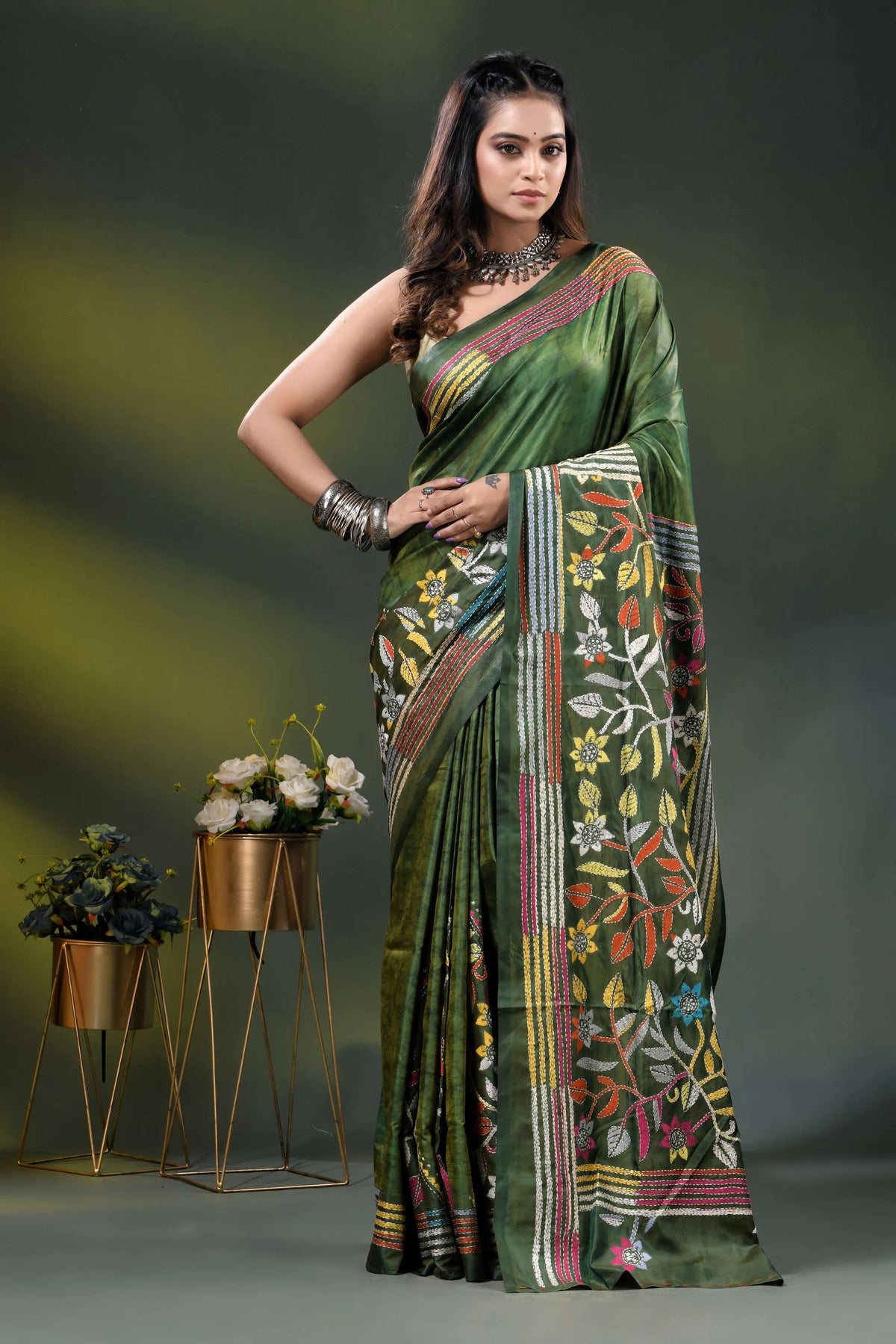 Forest green multicolor floral design hand batik silk kantha stitch saree 1