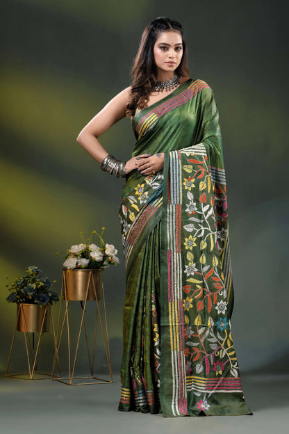 Forest green multicolor floral design hand batik silk kantha stitch saree 1