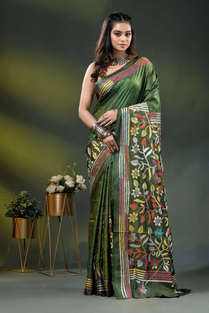 Forest green multicolor floral design hand batik silk kantha stitch saree 6