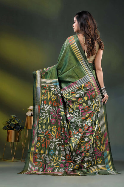 Forest green multicolor floral design hand batik silk kantha stitch saree 5