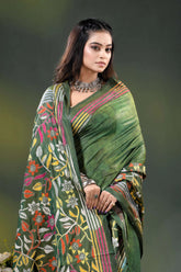 Forest green multicolor floral design hand batik silk kantha stitch saree 2