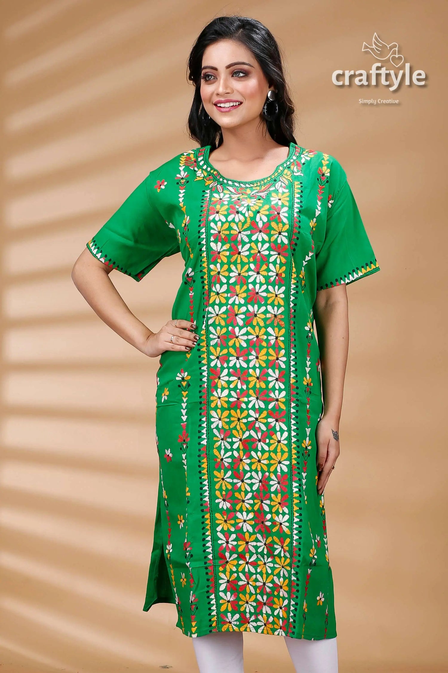 Forest green multithread cotton kantha kurti with short sleeves green embroidered kurta 2