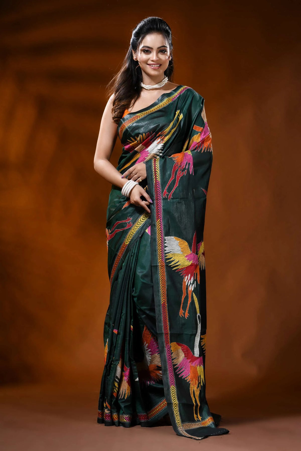 Forest green silk kantha embroidery saree with multicolor heron design 1