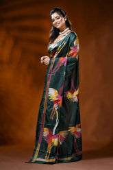 Forest green silk kantha embroidery saree with multicolor heron design 3