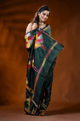 Forest green silk kantha embroidery saree with multicolor heron design 4