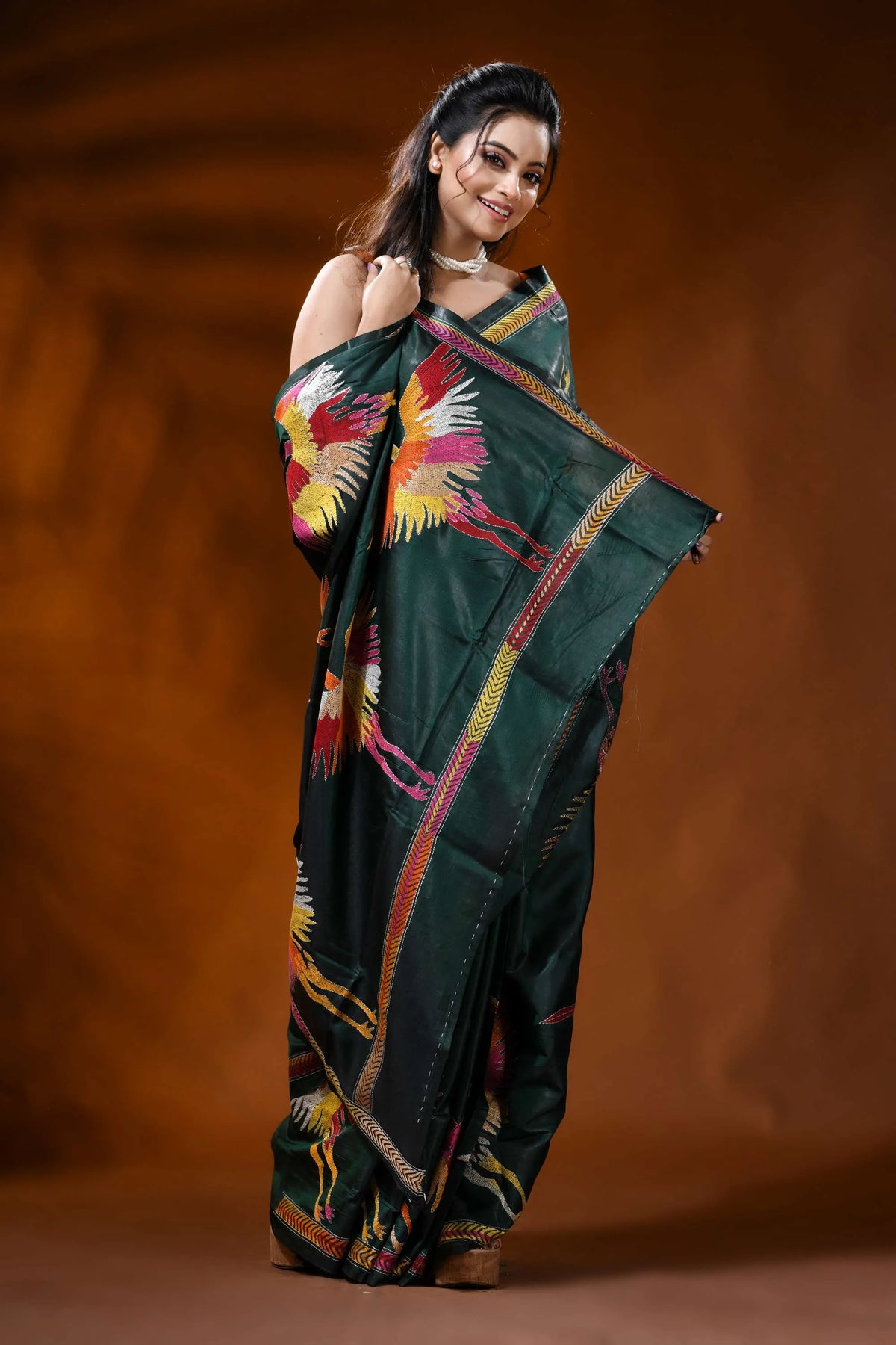 Forest green silk kantha embroidery saree with multicolor heron design 4
