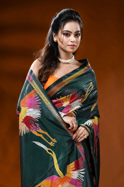 Forest green silk kantha embroidery saree with multicolor heron design 2