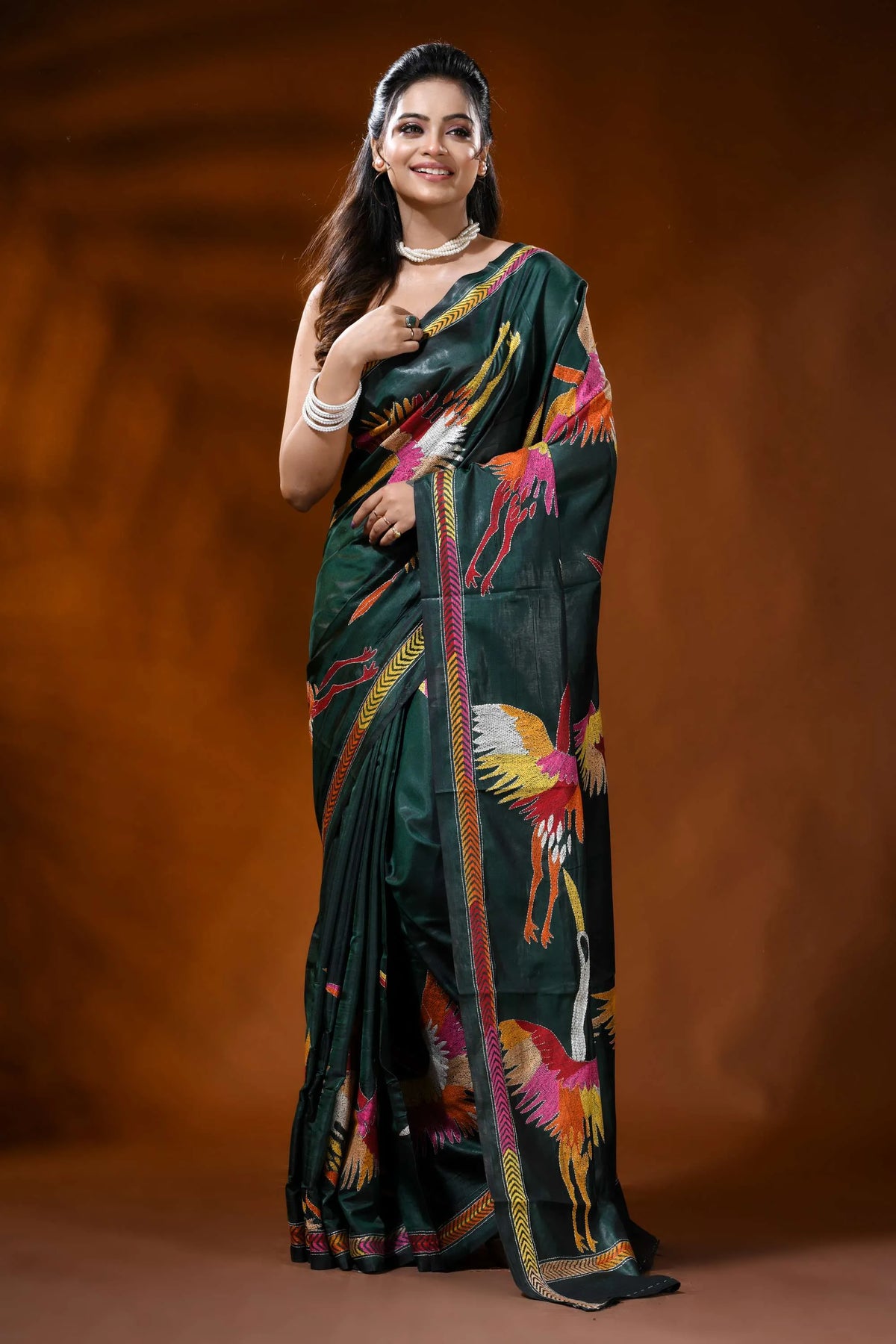 Forest green silk kantha embroidery saree with multicolor heron design 6