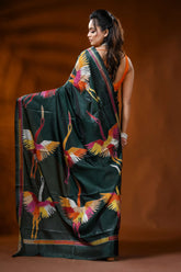 Forest green silk kantha embroidery saree with multicolor heron design 5