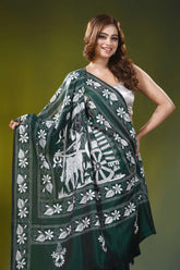 Forest green silk kantha stitch saree with handmade bullock cart motif 2