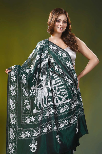 Forest green silk kantha stitch saree with handmade bullock cart motif 2