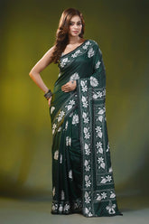 Forest green silk kantha stitch saree with handmade bullock cart motif 1
