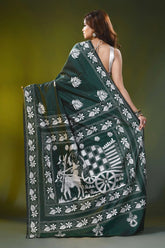 Forest green silk kantha stitch saree with handmade bullock cart motif 6