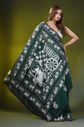 Forest green silk kantha stitch saree with handmade bullock cart motif 5
