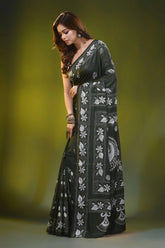 Forest green silk kantha work saree with handcrafted fish motif 6