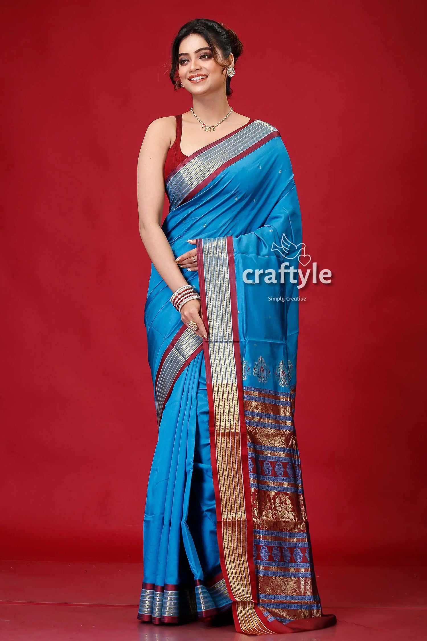 French blue zari border bomkai silk saree blue silk saree gold red 1