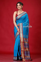 French blue zari border bomkai silk saree blue silk saree gold red 1