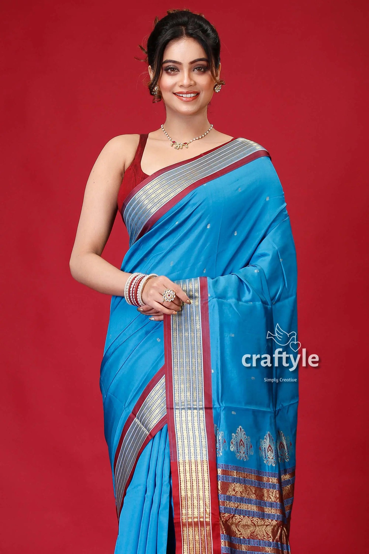 French blue zari border bomkai silk saree blue saree silver red border 2