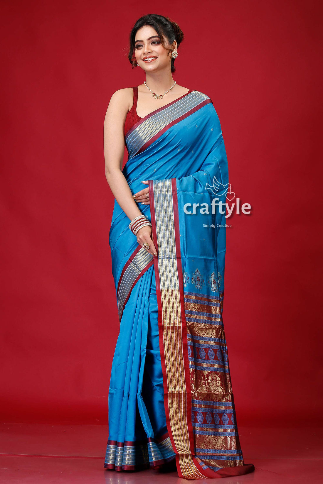 French Blue Zari Border Bomkai Silk Saree-Craftyle