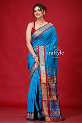 French Blue Zari Border Bomkai Silk Saree-Craftyle