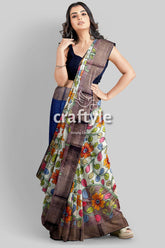 French Grey Zari Border Pure Tussar Kalamkari Sari - Hand Painted Indian Ethnic Wear - Craftyle
