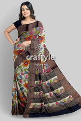 French Grey Zari Border Pure Tussar Kalamkari Sari - Hand Painted Indian Ethnic Wear - Craftyle