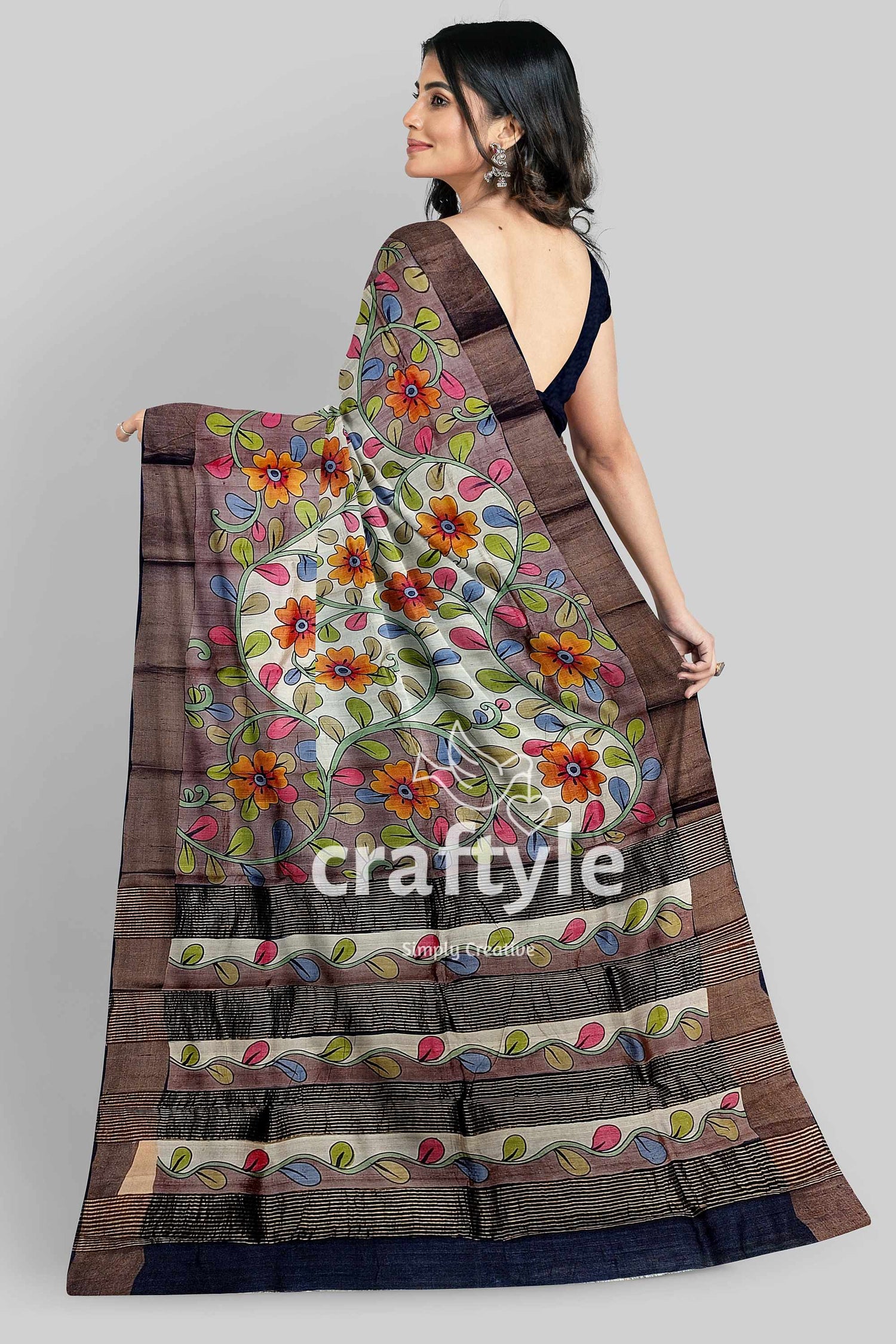French Grey Zari Border Pure Tussar Kalamkari Sari - Hand Painted Indian Ethnic Wear - Craftyle