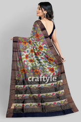 French Grey Zari Border Pure Tussar Kalamkari Sari - Hand Painted Indian Ethnic Wear - Craftyle