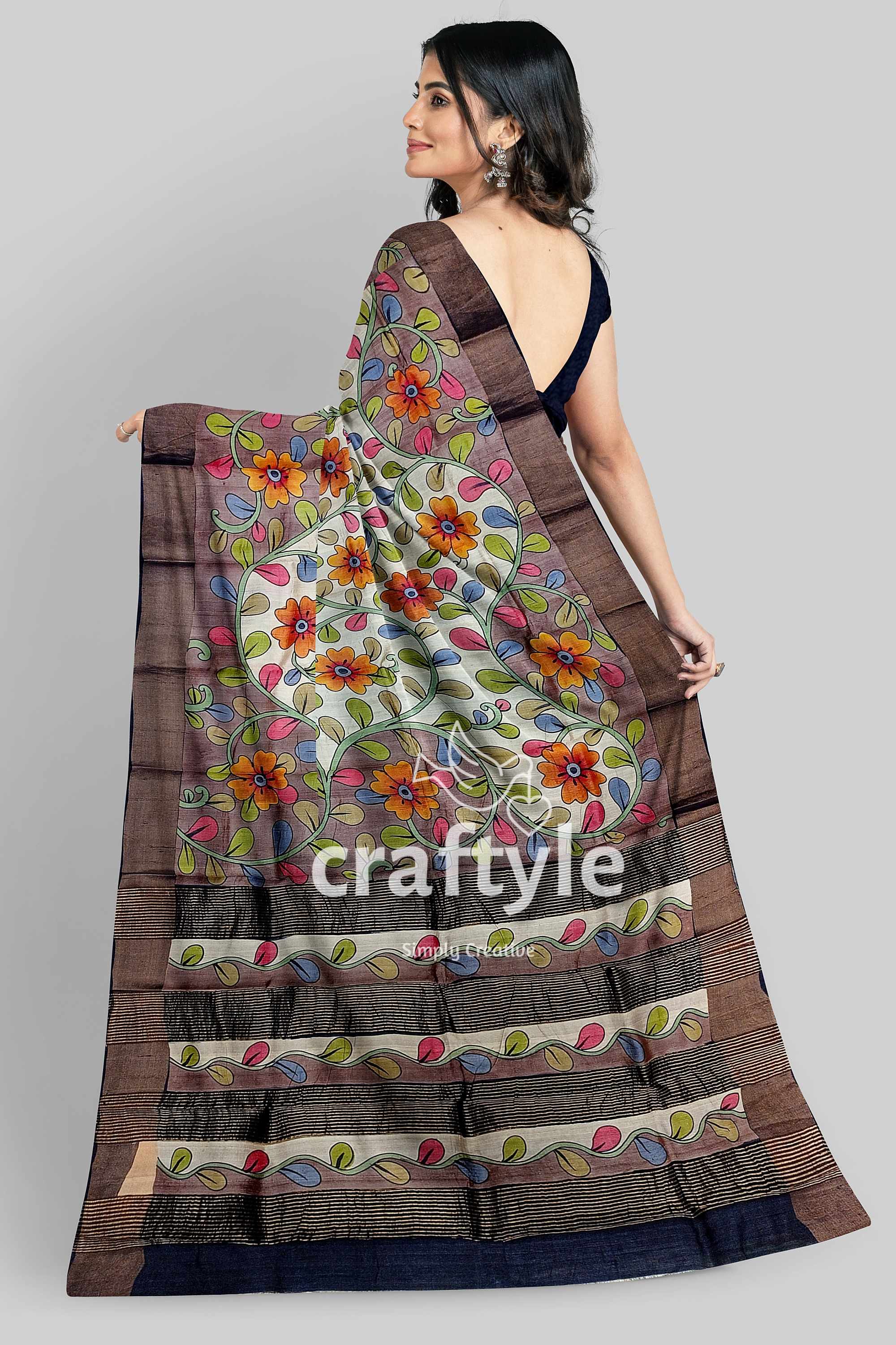 French Grey Zari Border Pure Tussar Kalamkari Sari - Hand Painted Indian Ethnic Wear - Craftyle