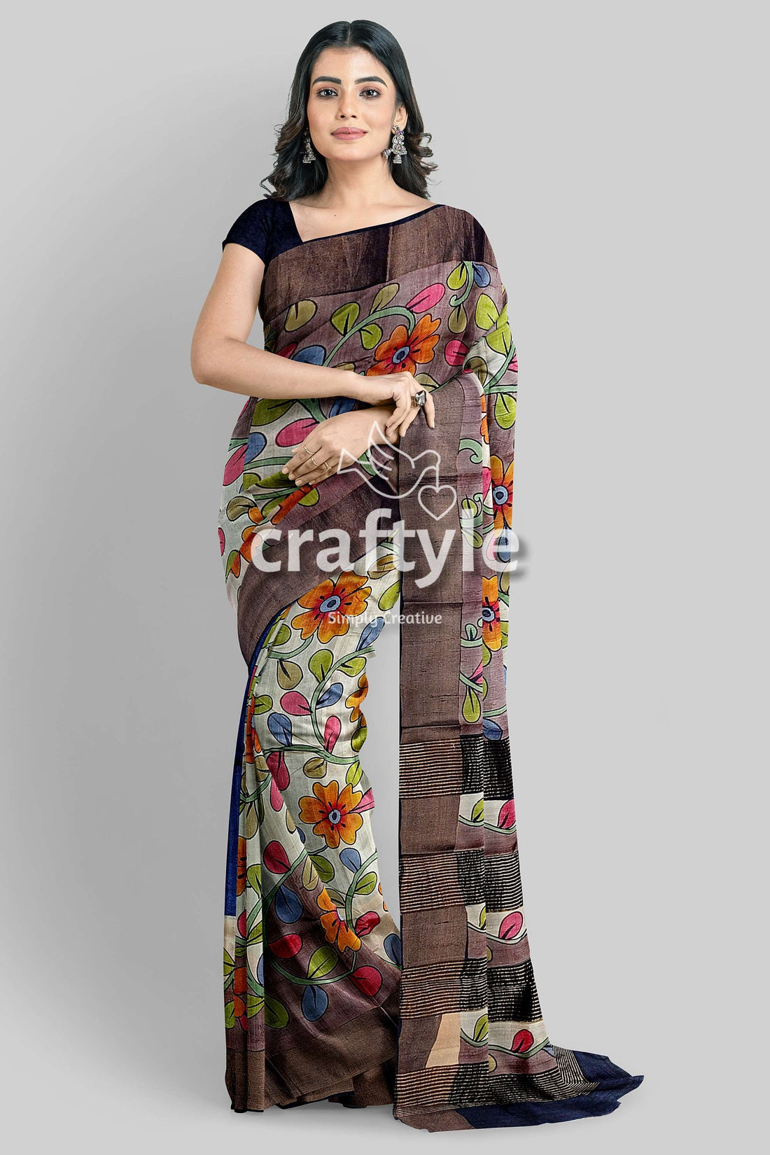 French Grey Zari Border Pure Tussar Kalamkari Sari - Hand Painted Indian Ethnic Wear - Craftyle