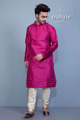 French plum soft silk embroidered kurta for men magenta pajama set 3