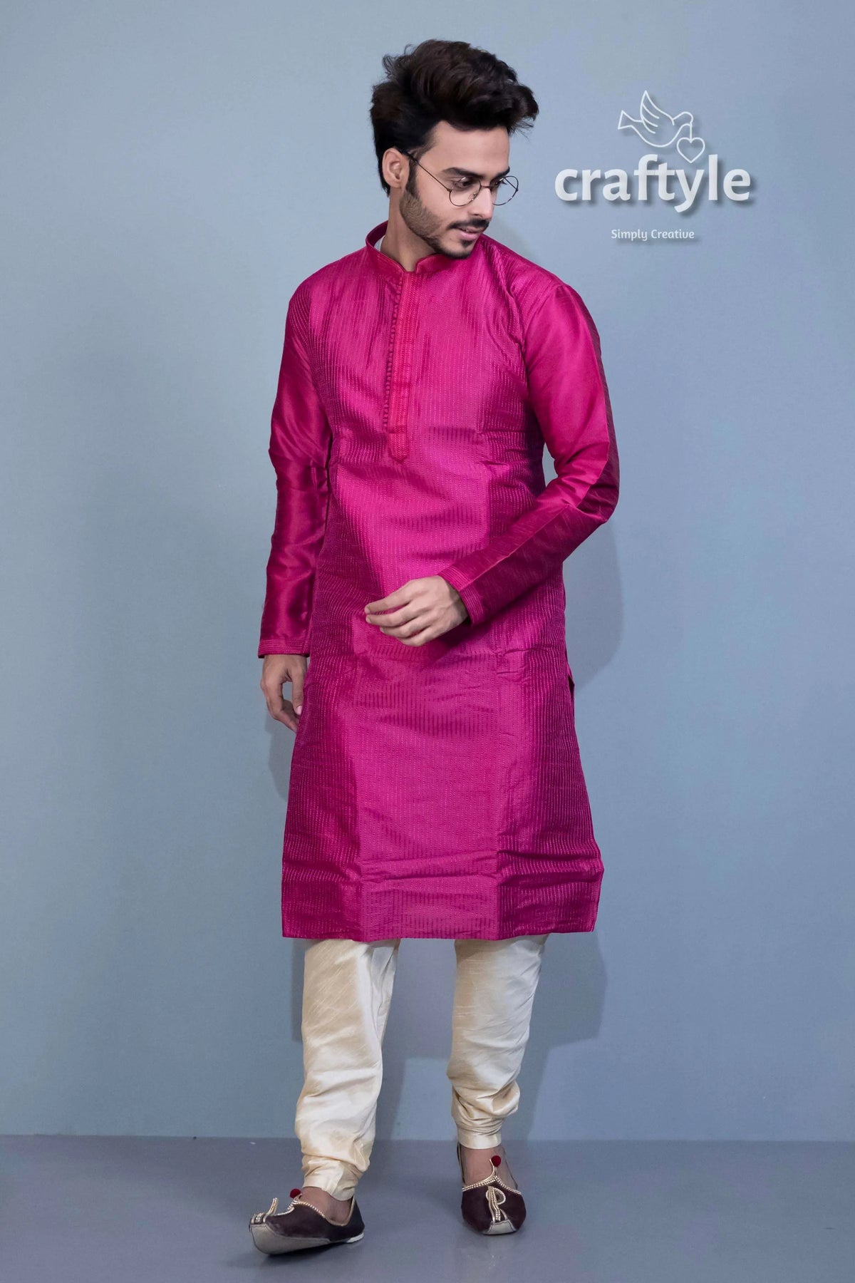 French plum soft silk embroidered kurta for men magenta pajama set 3