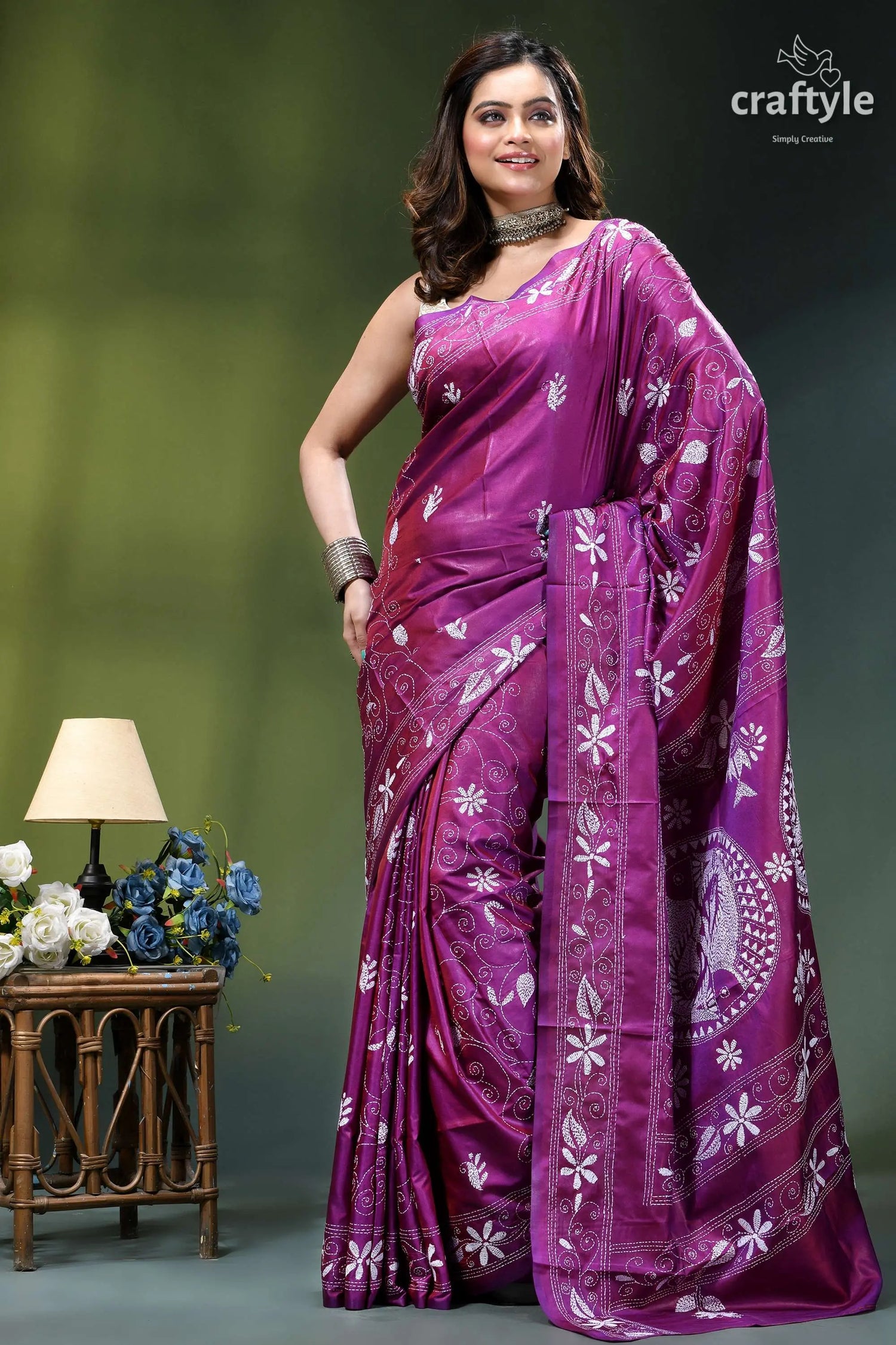 French plum white fish motif kantha stitched silk saree vibrant purple silk saree adorned 4