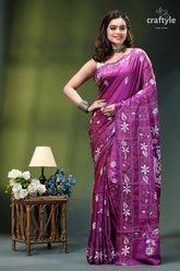 French plum white fish motif kantha stitched silk saree vibrant purple saree intricate white 6
