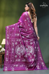 French plum white fish motif kantha stitched silk saree vibrant purple saree intricate white 5