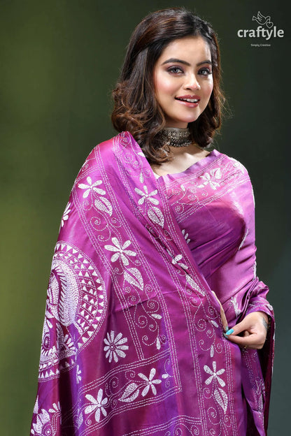 French plum white fish motif kantha stitched silk saree vibrant purple silk saree adorned 2