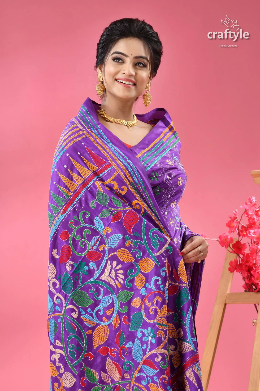 French violet designer handmade silk kantha saree purple embroidered silk saree 2