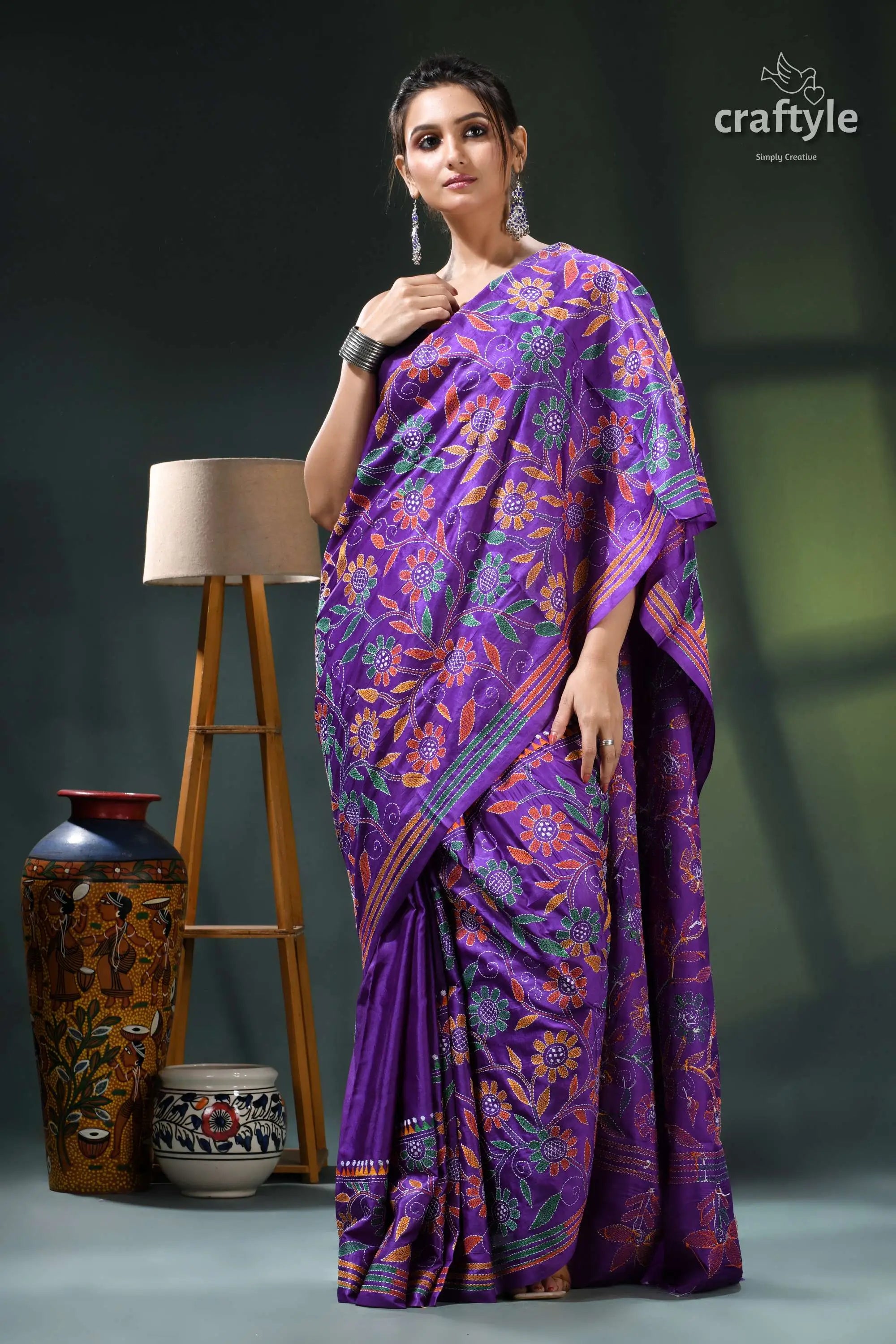 French violet floral design hand embroidered kantha silk saree purple gold saree intricate paisley 5