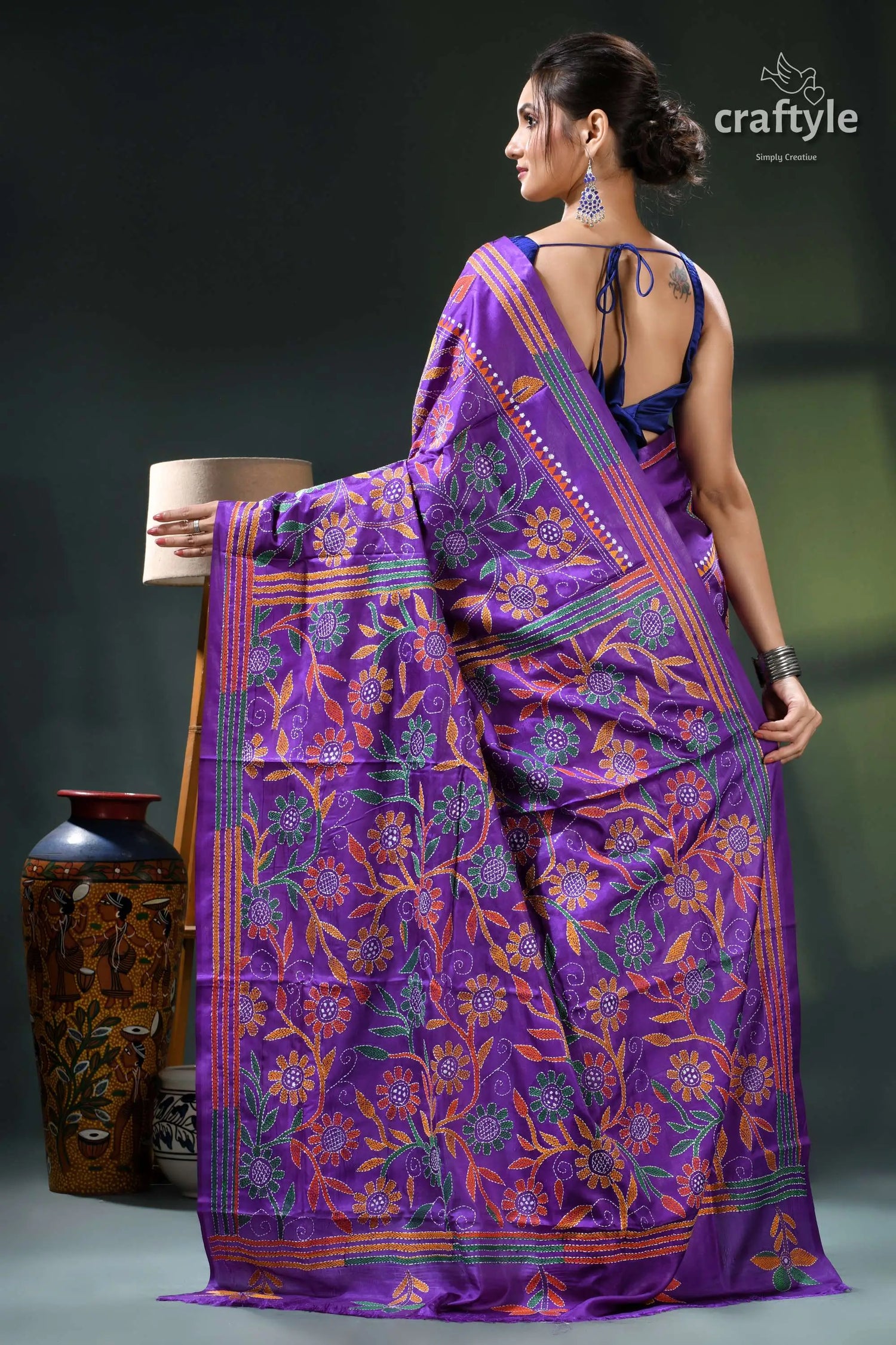 French violet floral design hand embroidered kantha silk saree purple gold saree intricate floral 6