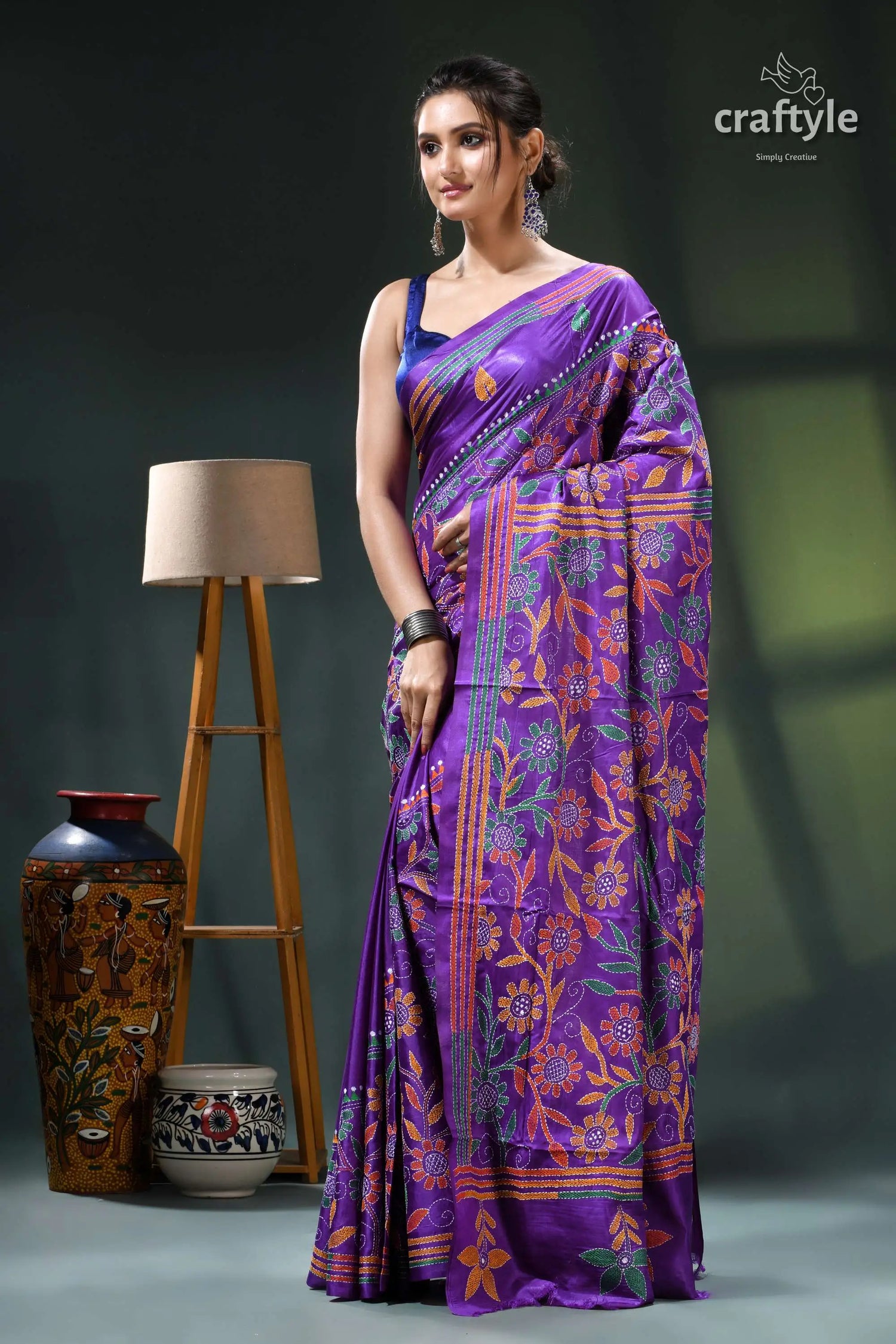 French violet floral design hand embroidered kantha silk saree purple floral saree gold accents 3