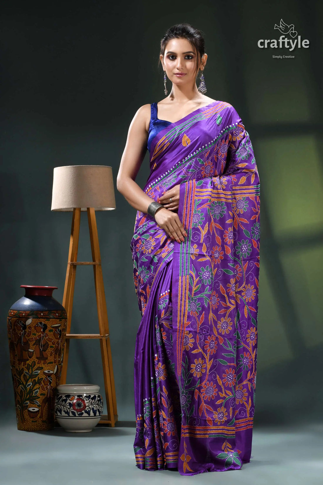French violet floral design hand embroidered kantha silk saree purple pink saree intricate floral 1