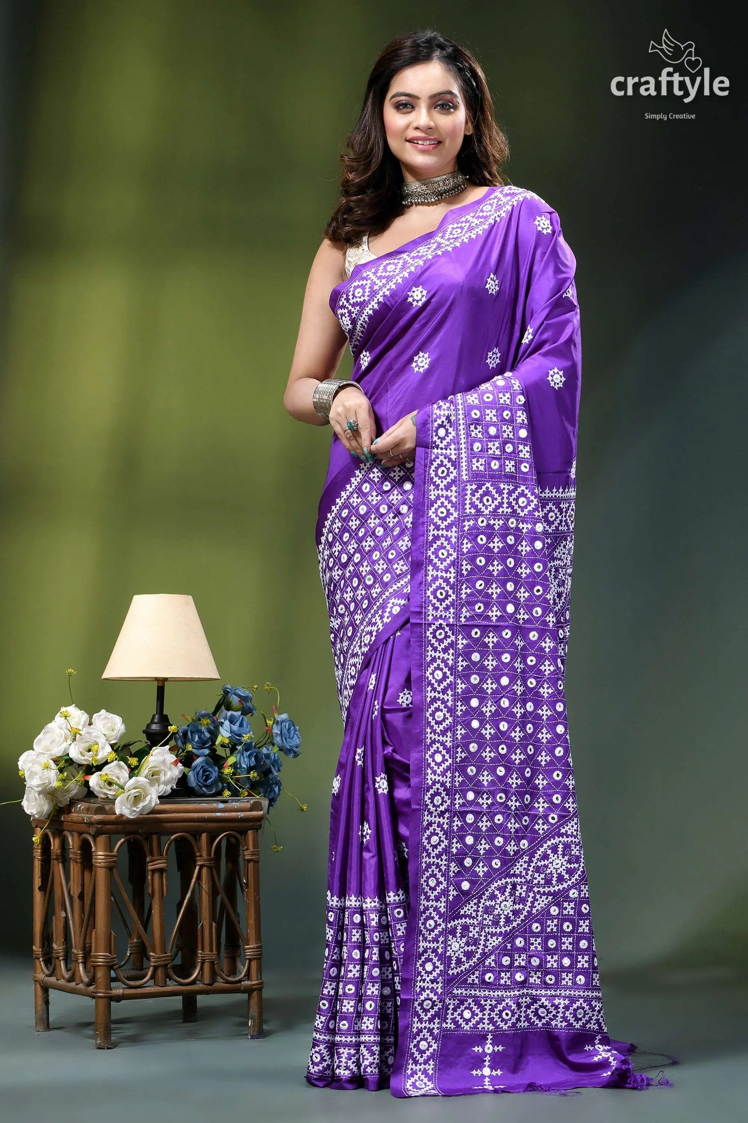 French violet hand kutch embroidered silk saree - mirror work vibrant purple saree intricate white 6