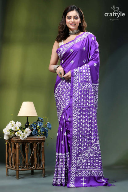 French violet hand kutch embroidered silk saree - mirror work vibrant purple saree intricate white 6