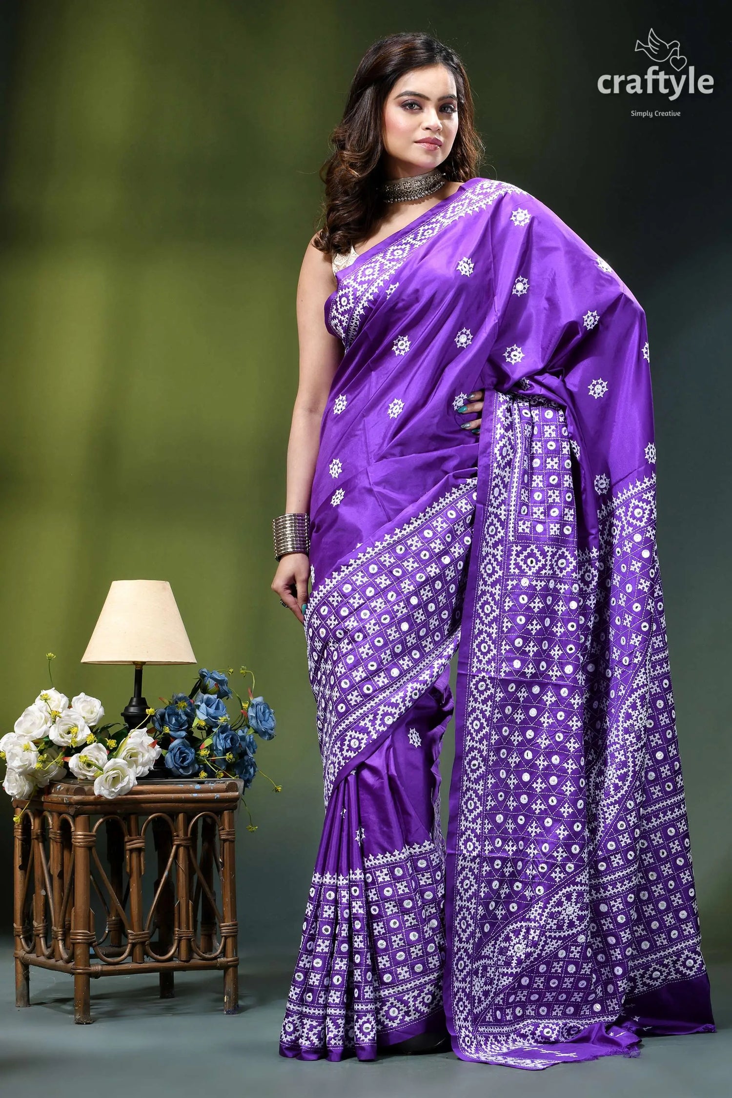 French violet hand kutch embroidered silk saree - mirror work purple sari white intricate patterns 4