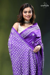 French violet hand kutch embroidered silk saree - mirror work purple saree intricate white geometric 2