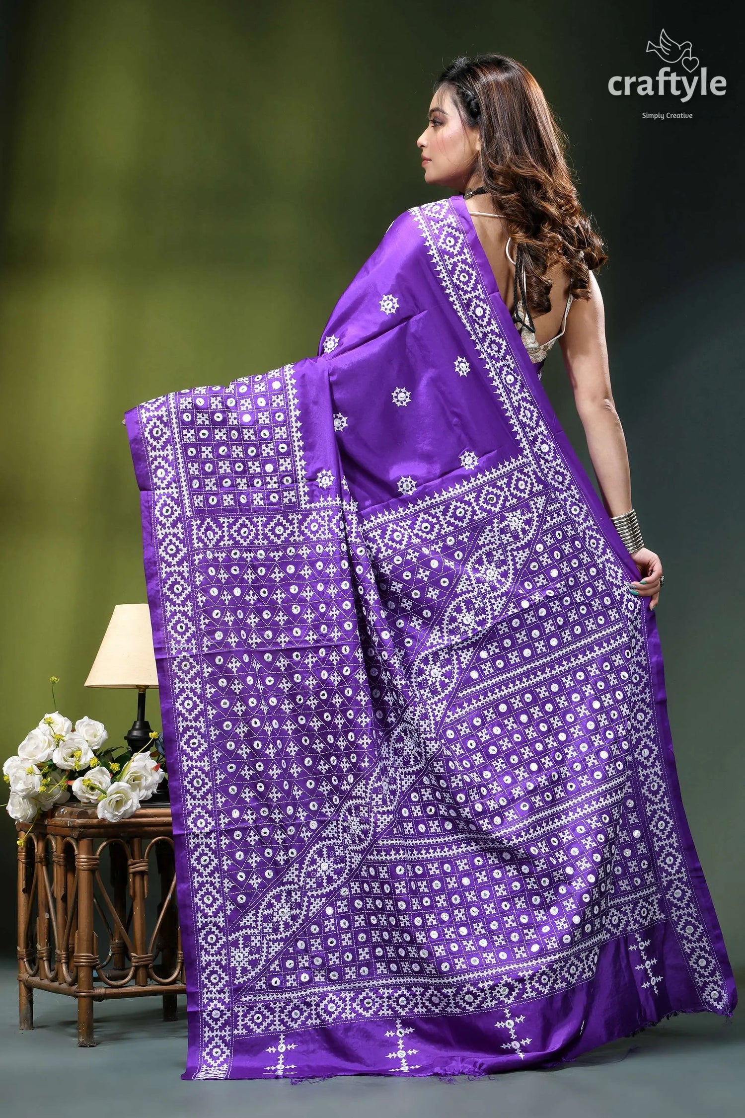 French violet hand kutch embroidered silk saree - mirror work vibrant purple saree intricate white 5