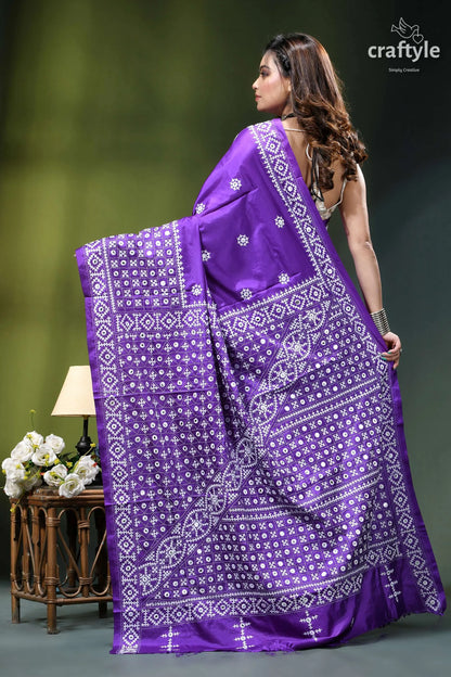 French violet hand kutch embroidered silk saree - mirror work vibrant purple saree intricate white 5